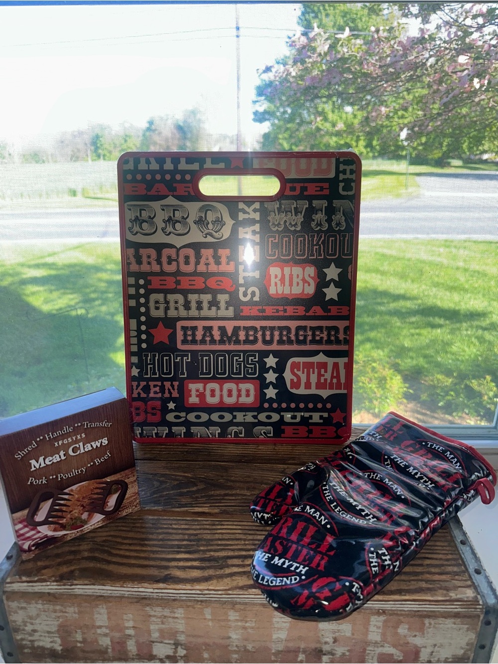 BBQ Themed Red and Black Cutting Board & Silicone Oven Mitt & Meat Claws ~ New